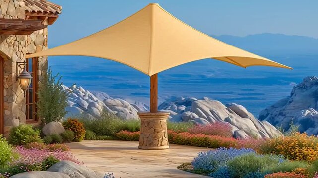 Beige Shade Sail Patio Ocean View.