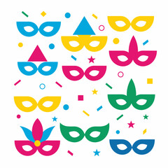 Colorful carnival masks with confetti and stars on a white background, depicting a festive and celebratory atmosphere.