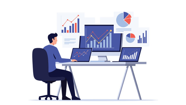 Strategic business analyst monitoring various performance graphs and financial charts on multiple desktop monitors from behind.