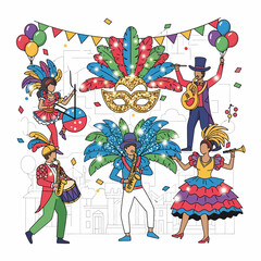 Vibrant carnival celebration with people in festive costumes playing music and dancing, surrounded by balloons, confetti, and a large feathered mask.