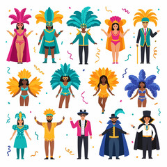 A collection of diverse people dressed in vibrant carnival costumes with feathers and festive accessories, celebrating a cultural event.