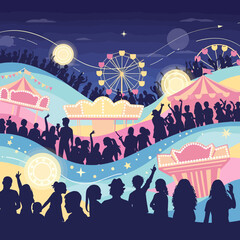 Vibrant night carnival scene with silhouetted crowds enjoying amusement rides and festive tents under a starry sky.