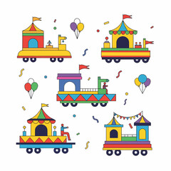 Collection of colorful circus parade floats with festive decorations, balloons, and confetti in a playful vector style.
