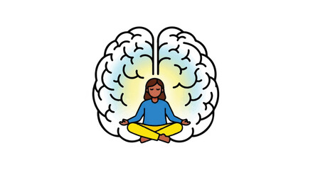 Woman Meditating in Lotus Pose for Mental Health Awareness and Mindfulness with Human Brain Concept Background