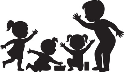 Silhouette of children playing and interacting with toys