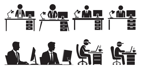 Businessmen working at office desks with computers and lamps silhouette set. vector illustration eps 10