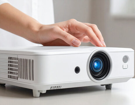 Frau schaltet Beamer ein
