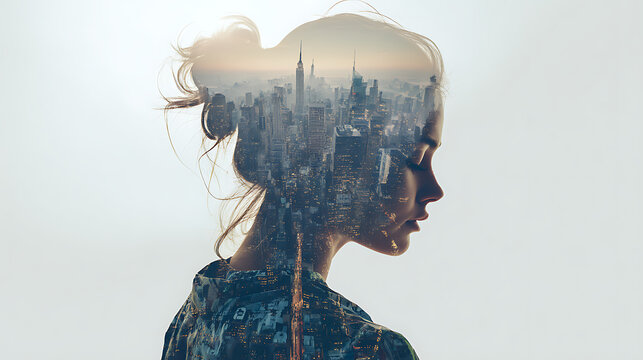 A woman's silhouette merges with a cityscape, evoking a sense of introspection and urban integration. The composition plays with themes of connection and duality, using a striking visual metaphor.