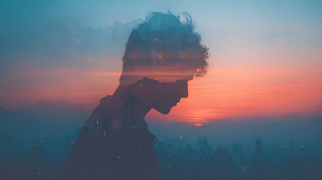 A person's silhouette against a vibrant sunset sky. The image portrays a person deep in thought, evoking a sense of introspection and tranquility. 