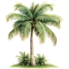Serene tropical palm tree with swaying frond and green leaf. tall coconut trunk symbolizing calm, exotic vacation