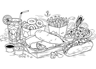 Obraz premium Traditional British Fish and Chips Meal Illustration Featuring Fried Fish Fillet Crispy Fries Lemon Slices and Tartar Sauce in a Detailed Line Art Style for Restaurant Menu and Coloring Book Pages.