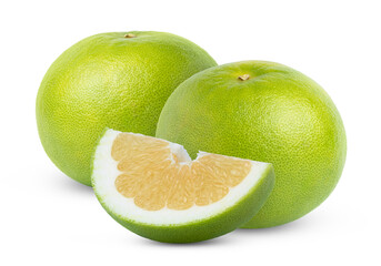 Fresh citrus sweetie grapefruit fruits and slice of pomelo, pomelit, oroblanco citrus fruit isolated.