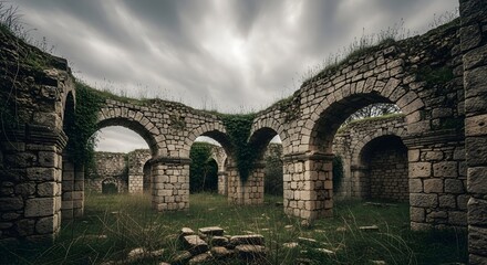 Naklejka premium Abandoned Roman villa ruins in the Tunisian countryside under cloudy sky