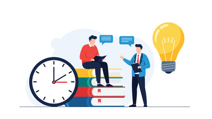 Business partners discussing new project ideas next to a large stack of books and a symbolic clock and lightbulb icon.