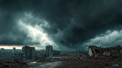 Fototapeta premium Post-apocalyptic cityscape with ruined buildings and debris under a dark stormy sky