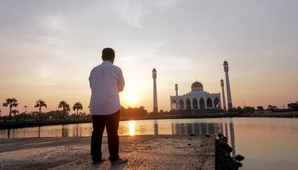 Fototapeta premium Man standing alone on a dock watching sunset over a serene lake with a beautiful white building in the distance