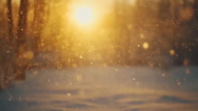 Slow motion snowfall backlit by rising sun, golden hour winter landscape, sparkling snow particles, cinematic sunrise forest scene for holiday and nature films.