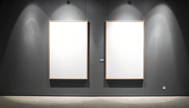 Two framed blank canvases on a grey wall in an art gallery with lights for product placement and advertising templates.