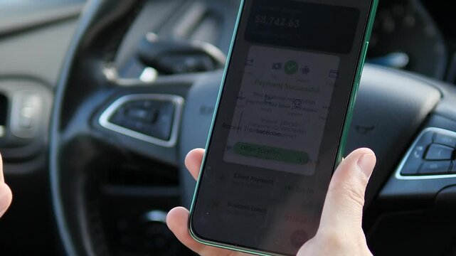 Entrepreneur registers new business and pays LLC fee via smartphone inside car. Online government service, digital paperwork and secure mobile transaction concept. Perfect for startup, fintech, legal