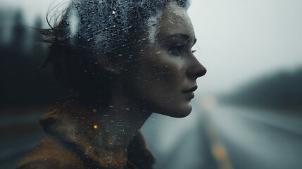 A pensive woman's portrait, captured with a blend of artistic filters, staring thoughtfully into the distance near a road. The image conveys a sense of introspection and melancholy