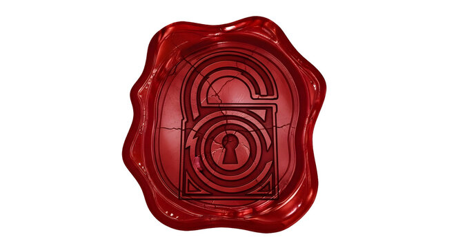 Red wax seal with a stylized lock and keyhole design, cracked surface