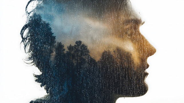 A captivating portrait of a person with a stunning landscape superimposed within their silhouette, creating a thought-provoking visual narrative.