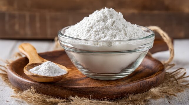White flour or starch in a glass bowl and a wooden spoon on a rustic wooden tray with burlap