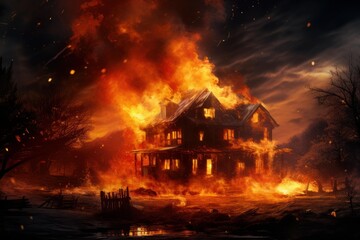 Old house engulfed in large bright orange flames and heavy smoke under a dark sky