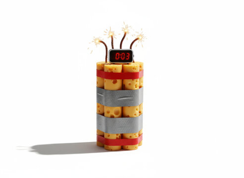 Artificial cheese time bomb with digital timer and burning fuses, conceptual 3d render for business risk metaphors, financial crisis warnings, and creative social media irony