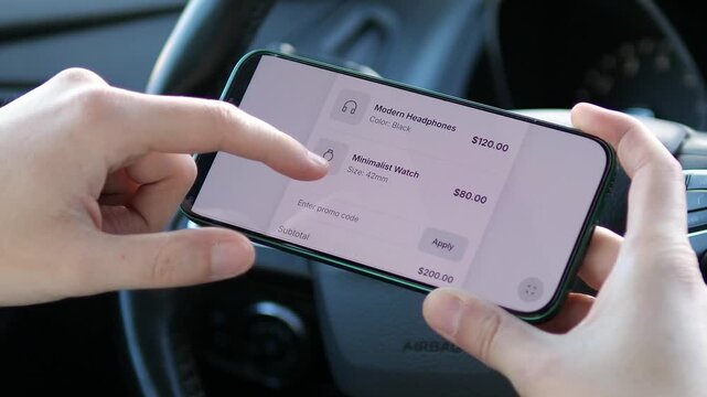 Convenient online shopping on the go. Driver reviews a digital shopping cart on a smartphone, checking prices for a minimalist watch and headphones. Ideal for lifestyle, fintech, and modern mobile