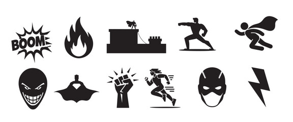 bold superhero and action icons for dynamic digital designs © Nerds
