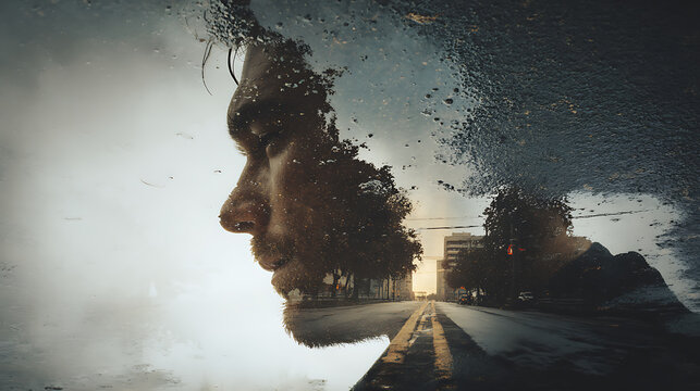 A thoughtful contemplation merging a person's profile with a scenic road reflection, a captivating visual narrative