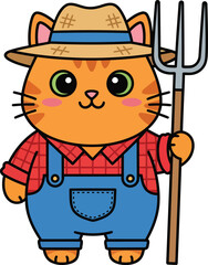 Fototapeta premium Cute cartoon orange cat farmer wearing overalls and straw hat holding pitchfork kitten agriculture