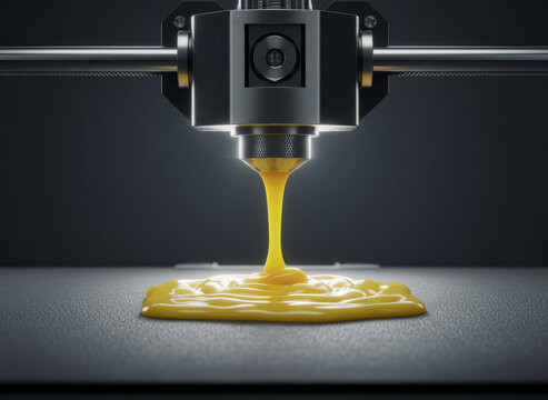 Conceptual 3d render of artificial transformation process showing a printer nozzle extruding thick yellow synthetic liquid, surreal industrial metaphor for innovative manufacturing