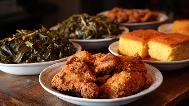 A spread of traditional Southern soul food featuring crispy fried chicken, collard greens, and cornbread on a rustic wooden table.