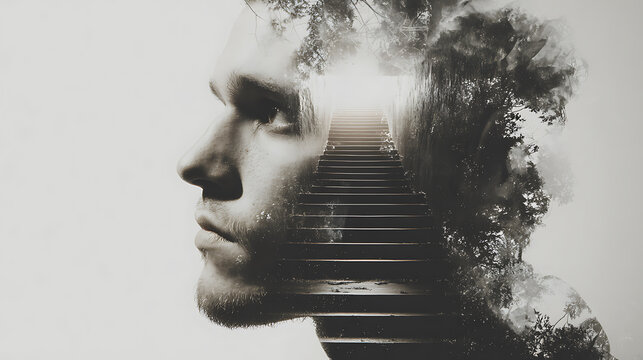 A thought-provoking double exposure artwork of a man's face merging with a path leading to stairs. The art uses a monochrome palette to create a surreal, dreamlike atmosphere