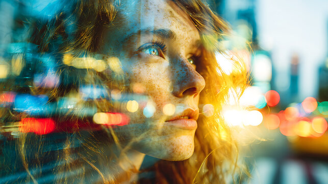 A woman with ginger hair gazes thoughtfully at a blurred city background. The image has a dreamy feel with multiple layers and reflections.