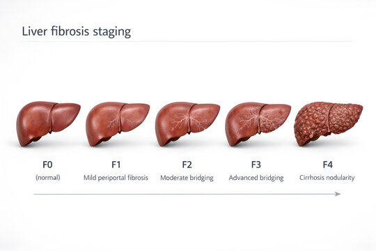 Photorealistic 3D medical infographic with readable English text titled &ldquo;Stages of liver disease&rdquo;. A clean left-to-right progression of five realistic human liver 3D models arranged on one baseline