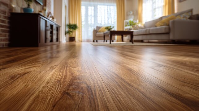 Close up of elegant wooden floor planks in a modern living room with blurred furniture and natural sunlight