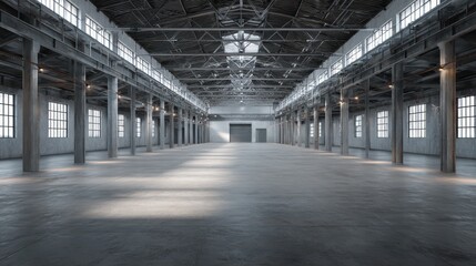 Obraz premium Large Empty Industrial Warehouse Hall with Concrete Floor and Rows of Pillars