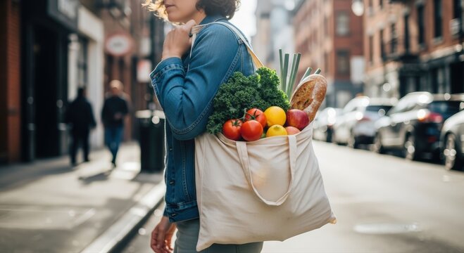 Carrying reusable grocery bag in urban environment