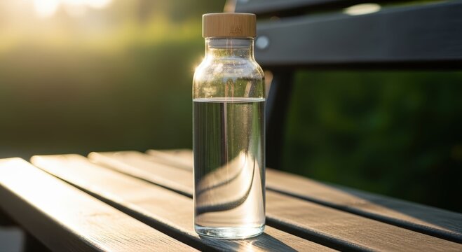 Reusable glass water bottle in sunny park setting