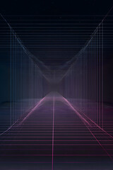 Futuristic Neon Grid Tunnel with Retro Synthwave Perspective