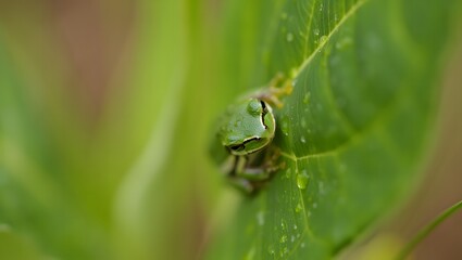 Naklejka premium Tiny green frog perched on wet leaf in natural habitat