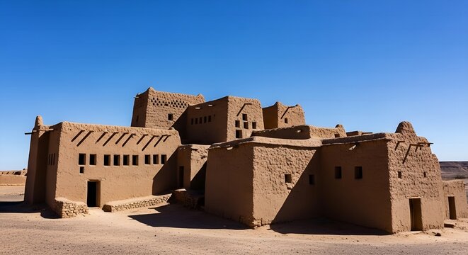 Ancient mud-brick granaries of Ksar Hadada in Southern Tunisia under bright sun