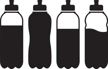 Four black and white plastic sports bottles with different liquid levels water