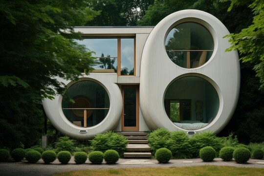 Modernist house featuring round windows and organic forms nestled among green trees