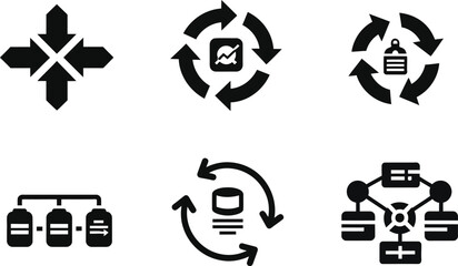 Set of six black and white icons representing data flow and processes workflow