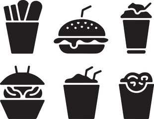Black and white icons of fast food and drink menu items on white background