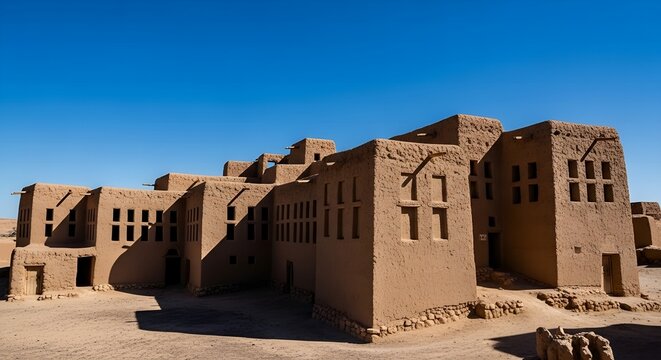 Ancient mud-brick granaries of Ksar Hadada in Southern Tunisia under bright sun